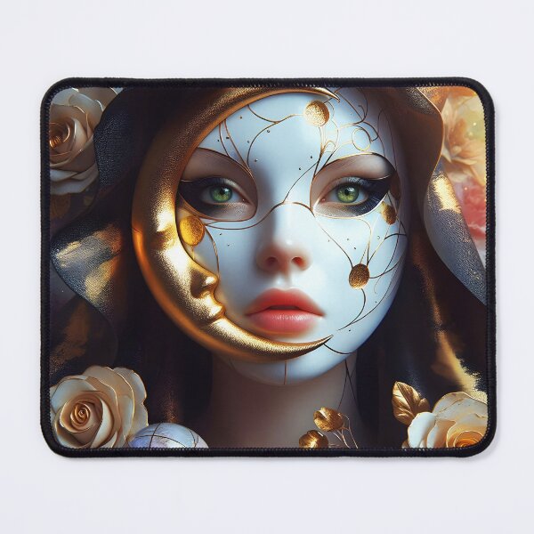 Item preview, Black Cape Woman with Golden Roses and Crescent Moon Face designed and sold by EmeraldeaArt.