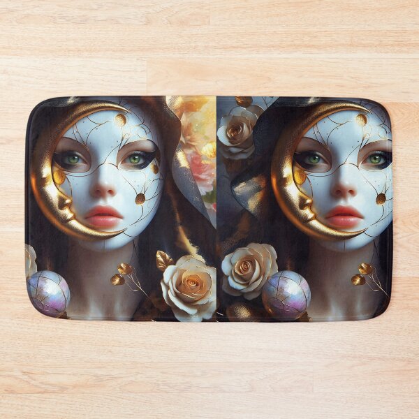 Item preview, Black Cape Woman with Golden Roses and Crescent Moon Face designed and sold by EmeraldeaArt.