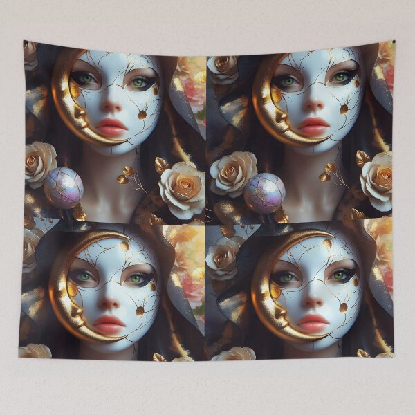 Item preview, Black Cape Woman with Golden Roses and Crescent Moon Face designed and sold by EmeraldeaArt.