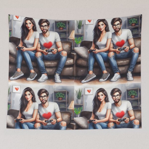 Item preview, Cute Gamer Couple in Watercolor Sitting Together on Couch designed and sold by EmeraldeaArt.