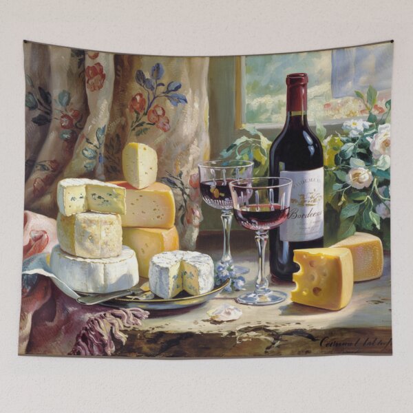 Item preview, French Impressionist Still Life | Chateau Wine and Cheese Table with Florals designed and sold by CARRAANN.