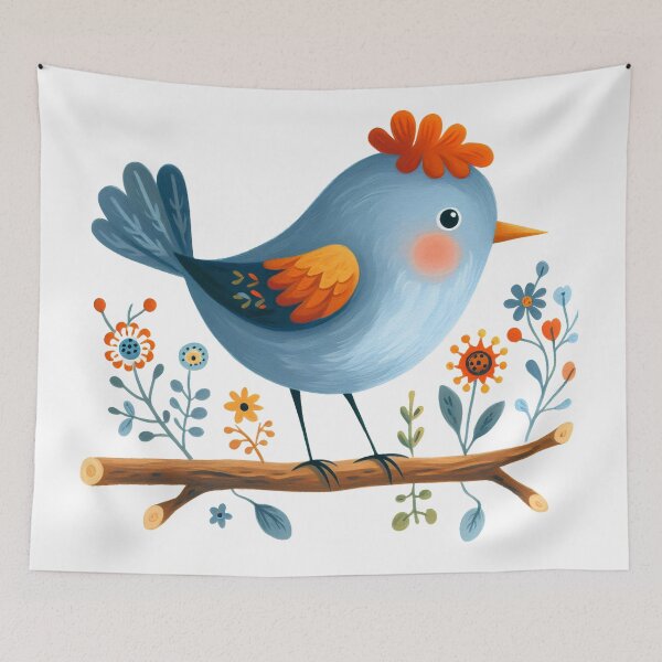 Item preview, Cute Crested Bluebird on Branch - Watercolour Folk Art by heidiannemorris © designed and sold by FOLK ART FUSION by heidiannemorris.