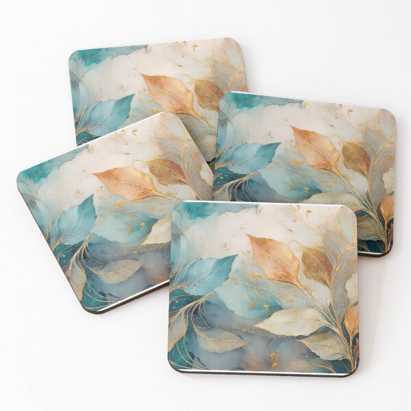 Item preview, EARTHY Neutral VINTAGE leaves 3, boho beige wildflower watercolour garden, neutral beige and green alcohol ink effect, green, blue, teal leafy floral spring painting designed and sold by navitalidesign.