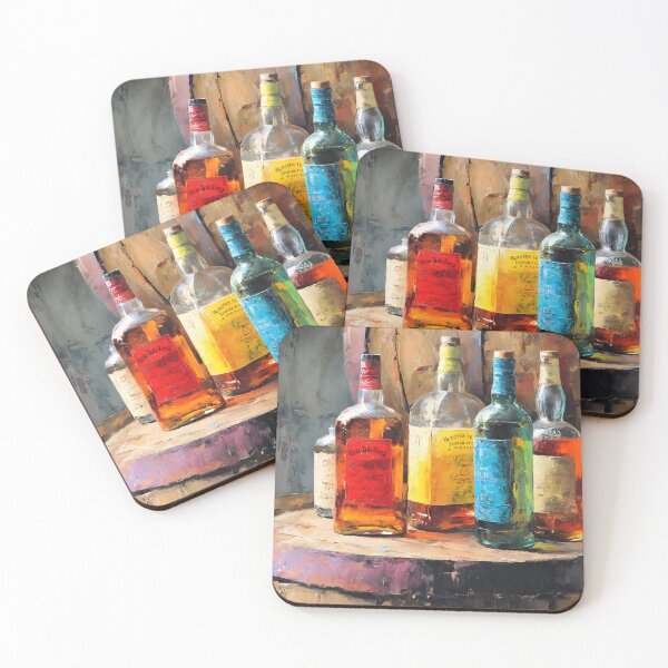 Item preview, Liquor Bottles with Vivid Labels on Rustic Barrel - Soft Lighting Adds Warmth and Texture designed and sold by OlfactoART Studio.