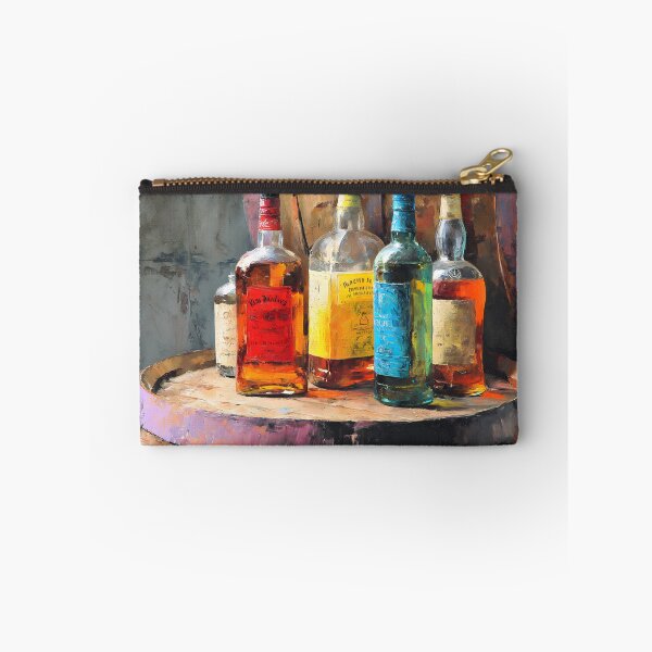 Item preview, Liquor Bottles with Vivid Labels on Rustic Barrel - Soft Lighting Adds Warmth and Texture designed and sold by OlfactoART Studio.