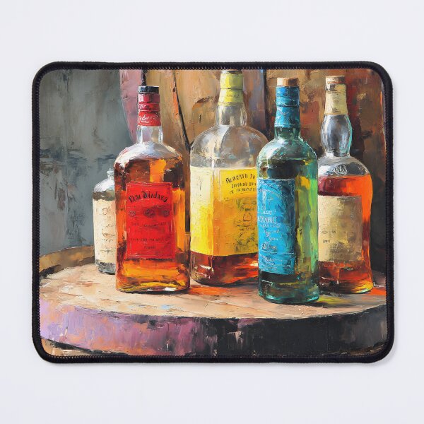 Item preview, Liquor Bottles with Vivid Labels on Rustic Barrel - Soft Lighting Adds Warmth and Texture designed and sold by OlfactoART Studio.