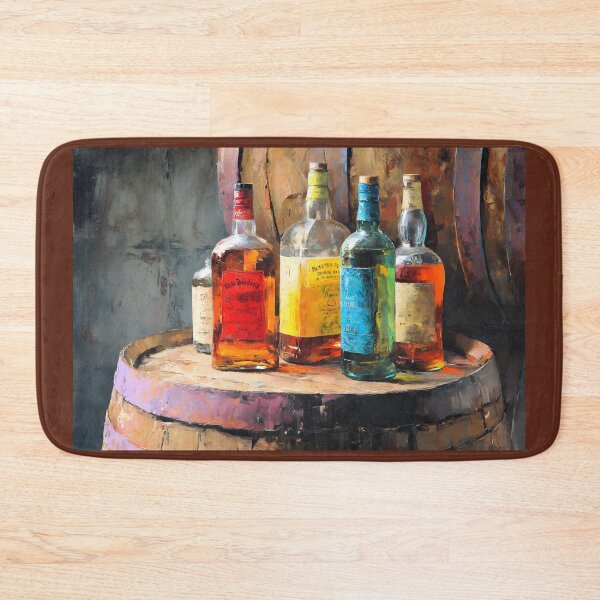 Item preview, Liquor Bottles with Vivid Labels on Rustic Barrel - Soft Lighting Adds Warmth and Texture designed and sold by OlfactoART Studio.