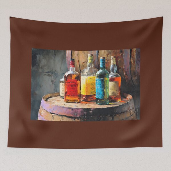 Item preview, Liquor Bottles with Vivid Labels on Rustic Barrel - Soft Lighting Adds Warmth and Texture designed and sold by OlfactoART Studio.