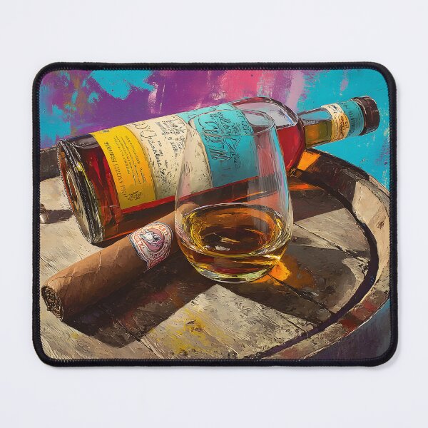 Item preview, Golden Whiskey and Cigar on Barrel Display - Rich Pink, Blue, and Yellow Hues in a Bold Celebration designed and sold by OlfactoART Studio.
