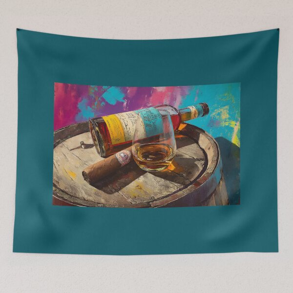 Item preview, Golden Whiskey and Cigar on Barrel Display - Rich Pink, Blue, and Yellow Hues in a Bold Celebration designed and sold by OlfactoART Studio.