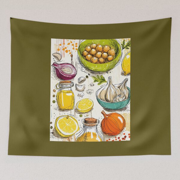 Item preview, Hummus Recipe- A Bold and Colorful Display of Kitchen Staples Featuring Chickpeas, Lemons, Onions, Garlic, and Mediterranean Olive Oil designed and sold by OlfactoART Studio.