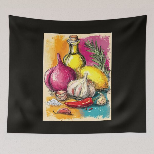Item preview, Spice Up the Scene - A Colorful Composition of Culinary Charm Showcasing Garlic, Red Onion, Lemon, Olive Oil, Rosemary, and Vibrant Spices designed and sold by OlfactoART Studio.