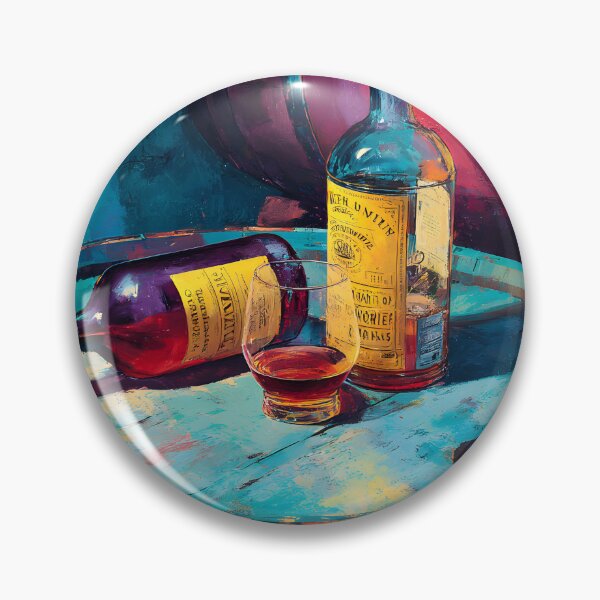 Item preview, Liquor Bottles on Rustic Barrels - Vibrant Blues and Warm Tones in a Bold, Colorful Scene designed and sold by OlfactoART Studio.