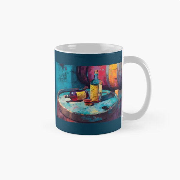 Item preview, Liquor Bottles on Rustic Barrels - Vibrant Blues and Warm Tones in a Bold, Colorful Scene designed and sold by OlfactoART Studio.