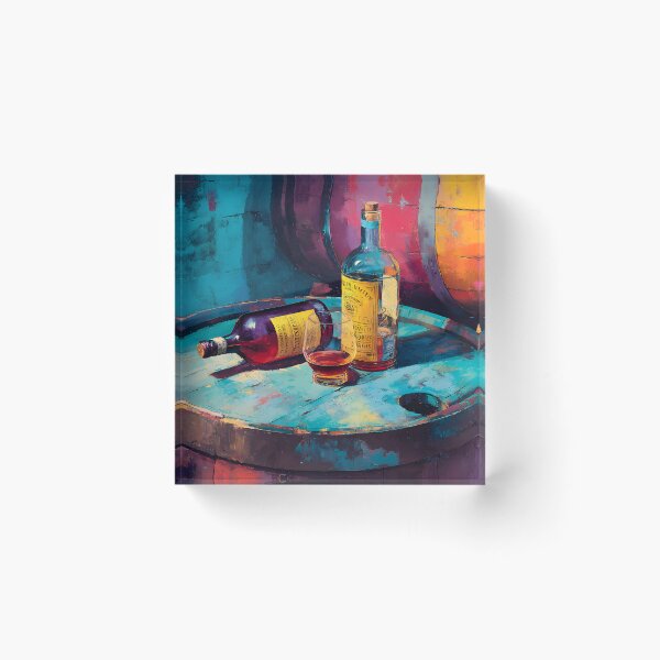 Item preview, Liquor Bottles on Rustic Barrels - Vibrant Blues and Warm Tones in a Bold, Colorful Scene designed and sold by OlfactoART Studio.