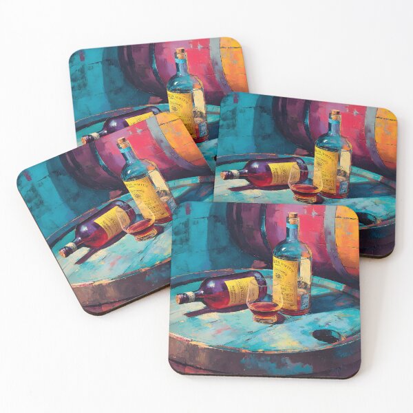 Item preview, Liquor Bottles on Rustic Barrels - Vibrant Blues and Warm Tones in a Bold, Colorful Scene designed and sold by OlfactoART Studio.