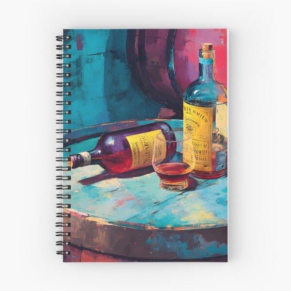 Item preview, Liquor Bottles on Rustic Barrels - Vibrant Blues and Warm Tones in a Bold, Colorful Scene designed and sold by OlfactoART Studio.