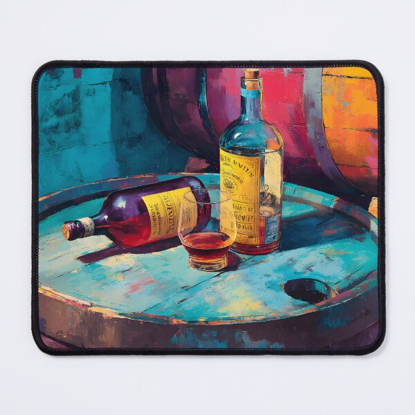 Item preview, Liquor Bottles on Rustic Barrels - Vibrant Blues and Warm Tones in a Bold, Colorful Scene designed and sold by OlfactoART Studio.