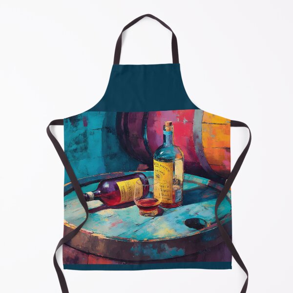 Item preview, Liquor Bottles on Rustic Barrels - Vibrant Blues and Warm Tones in a Bold, Colorful Scene designed and sold by OlfactoART Studio.