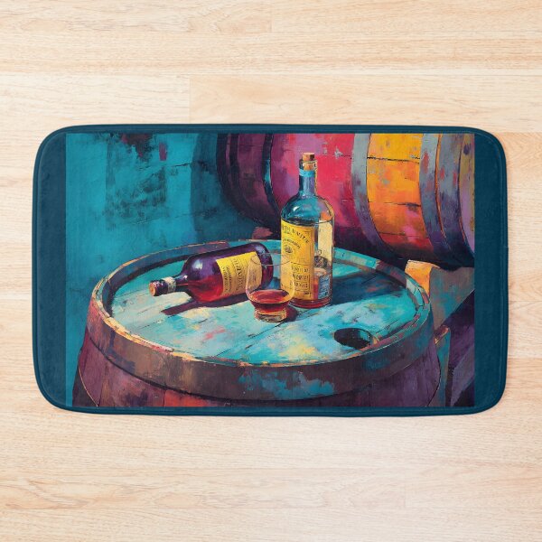 Item preview, Liquor Bottles on Rustic Barrels - Vibrant Blues and Warm Tones in a Bold, Colorful Scene designed and sold by OlfactoART Studio.