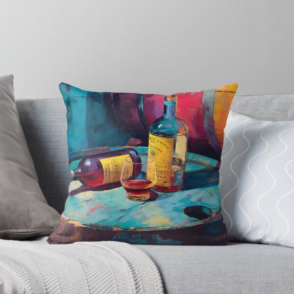 Item preview, Liquor Bottles on Rustic Barrels - Vibrant Blues and Warm Tones in a Bold, Colorful Scene designed and sold by OlfactoART Studio.