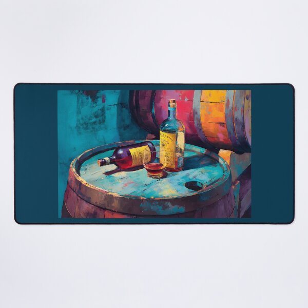 Item preview, Liquor Bottles on Rustic Barrels - Vibrant Blues and Warm Tones in a Bold, Colorful Scene designed and sold by OlfactoART Studio.
