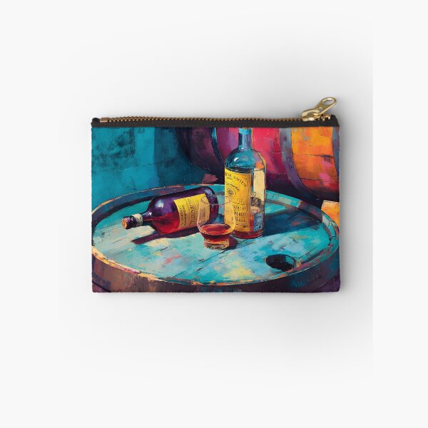 Item preview, Liquor Bottles on Rustic Barrels - Vibrant Blues and Warm Tones in a Bold, Colorful Scene designed and sold by OlfactoART Studio.