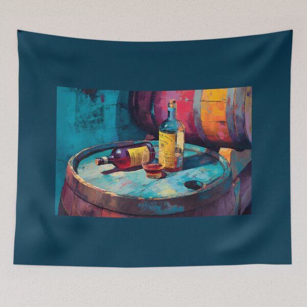 Item preview, Liquor Bottles on Rustic Barrels - Vibrant Blues and Warm Tones in a Bold, Colorful Scene designed and sold by OlfactoART Studio.