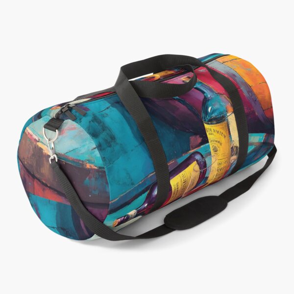 Item preview, Liquor Bottles on Rustic Barrels - Vibrant Blues and Warm Tones in a Bold, Colorful Scene designed and sold by OlfactoART Studio.