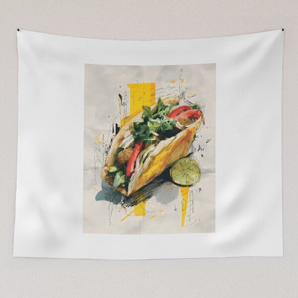 Item preview, Falafel Wrap with Fresh Greens and Lime Wedge Surrounded by Abstract Yellow Splashes designed and sold by OlfactoART Studio.