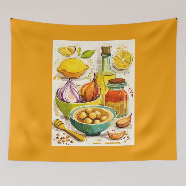 Item preview, Hummus Recipe Art- A Colorful Culinary Explosion of Fresh Ingredients: Chickpeas, Zesty Lemon, Garlic, Tahini, and Rich Olive Oil designed and sold by OlfactoART Studio.
