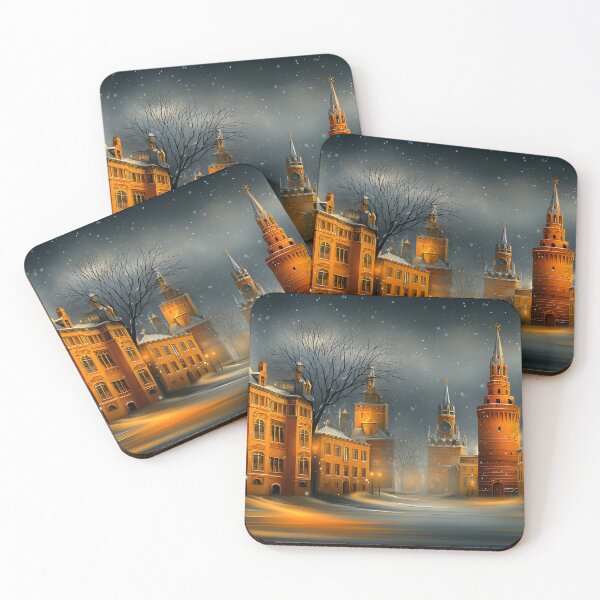 Item preview, Snowy magical evening in city with towers and lights designed and sold by Artessie.
