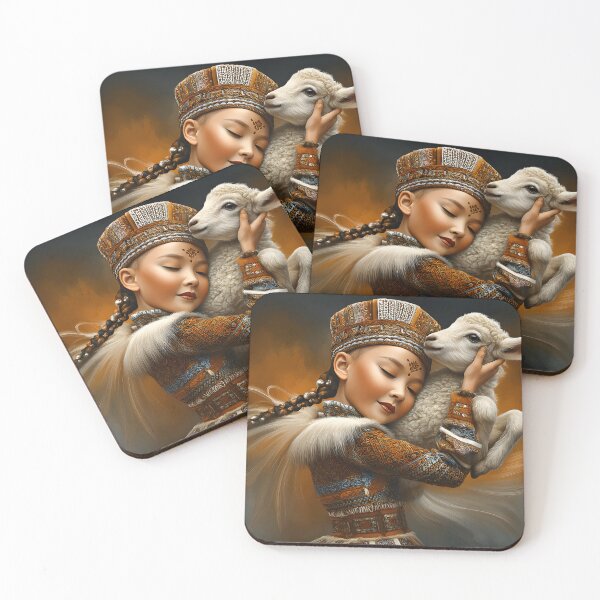 Item preview, Girl embraces lamb in ornate traditional attire scene designed and sold by Artessie.