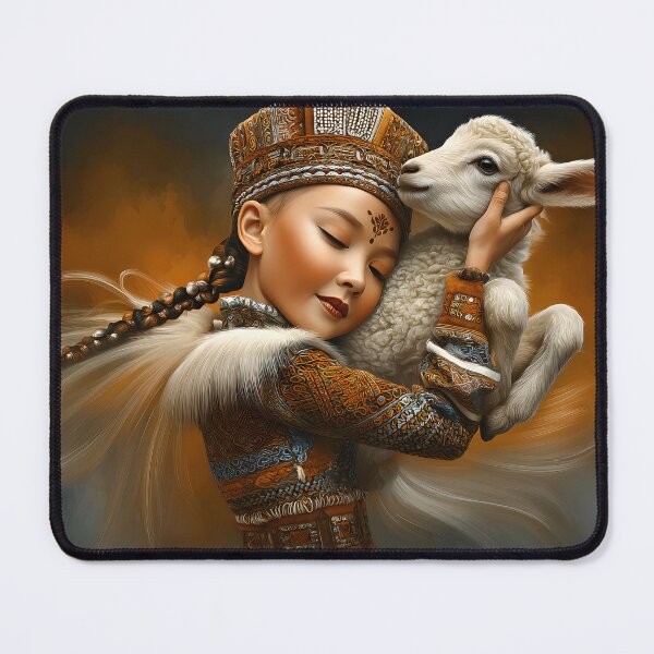 Item preview, Girl embraces lamb in ornate traditional attire scene designed and sold by Artessie.