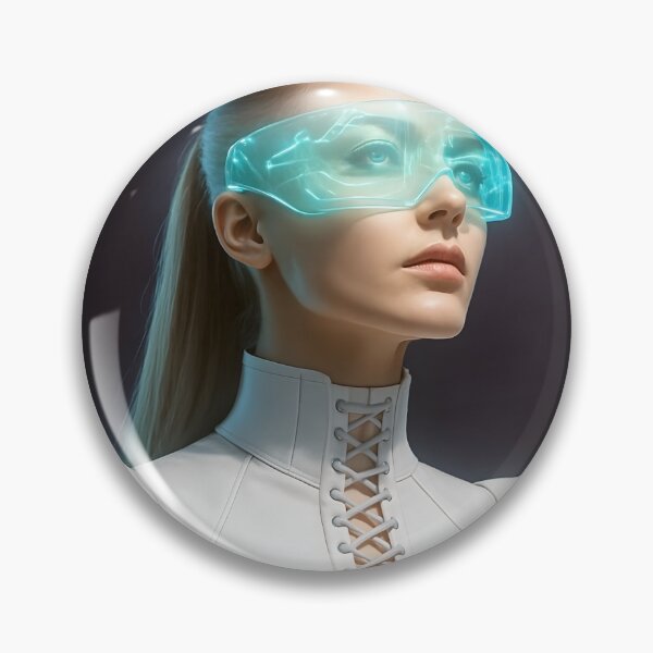 Item preview, Blonde woman in corset-style neck piece wearing futuristic visor designed and sold by mystiquelicorne.
