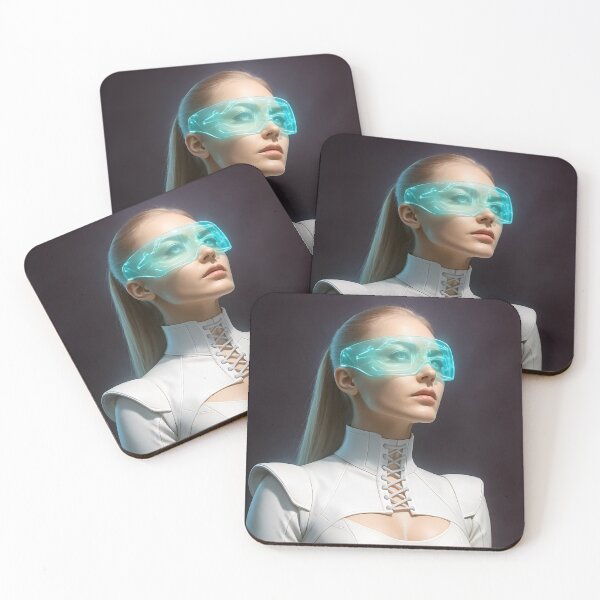 Item preview, Blonde woman in corset-style neck piece wearing futuristic visor designed and sold by mystiquelicorne.