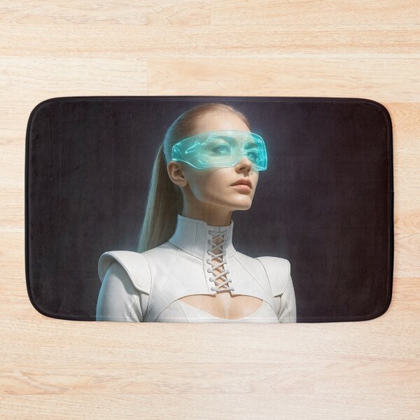 Item preview, Blonde woman in corset-style neck piece wearing futuristic visor designed and sold by mystiquelicorne.