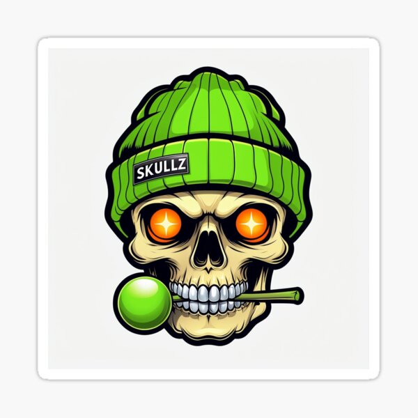Aperçu de l'œuvre Autocollant tête de mort cool avec bonnet vert – Ambiance sucette urbaine créée et vendue par stoicphoenix.