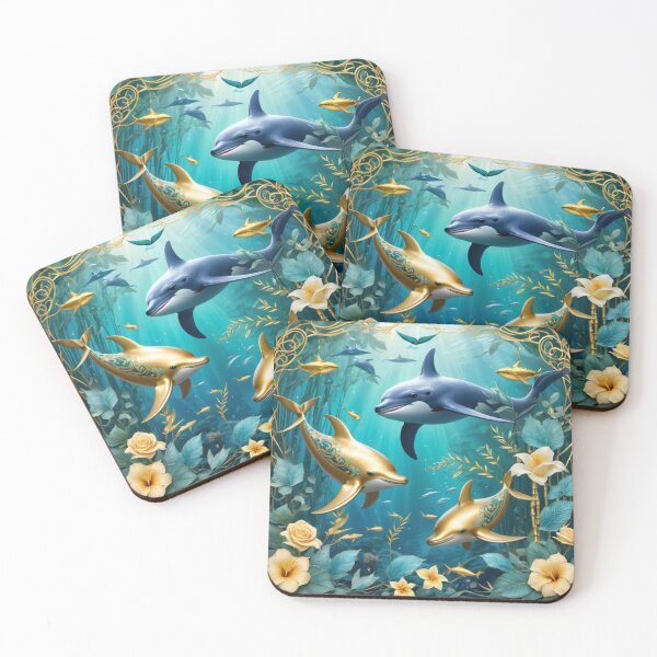 Item preview, Gold And Blue Tattooed Dauphins Surrounded by Gold Vines designed and sold by Melantari Vizuns.