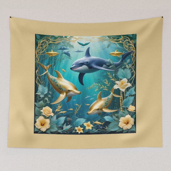 Item preview, Gold And Blue Tattooed Dauphins Surrounded by Gold Vines designed and sold by Melantari Vizuns.