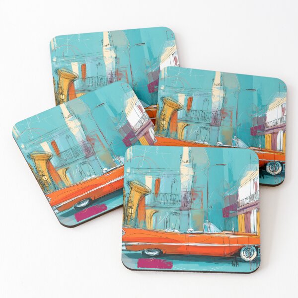 Item preview, Celebrate Havana's Retro Vibes - Saxophone and Orange Convertible in a Colorful Urban Scene designed and sold by OlfactoART Studio.