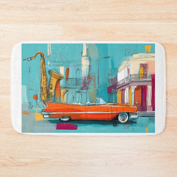 Item preview, Celebrate Havana's Retro Vibes - Saxophone and Orange Convertible in a Colorful Urban Scene designed and sold by OlfactoART Studio.