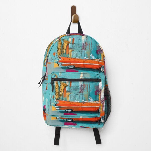 Item preview, Celebrate Havana's Retro Vibes - Saxophone and Orange Convertible in a Colorful Urban Scene designed and sold by OlfactoART Studio.