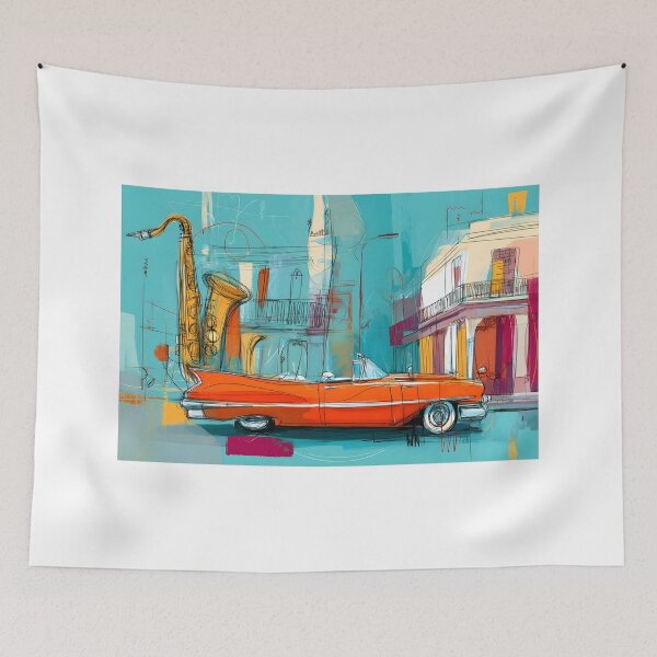 Item preview, Celebrate Havana's Retro Vibes - Saxophone and Orange Convertible in a Colorful Urban Scene designed and sold by OlfactoART Studio.