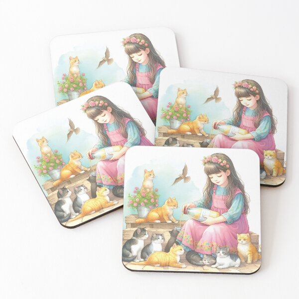 Item preview, Girl Feeding Cats – Cozy Moment of Love & Kindness designed and sold by ArtZone1987.