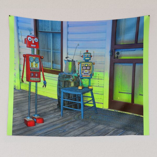 Item preview, Colorful Vintage Porch Scene with Quirky Retro Robots - dePace' designed and sold by mrpropcake.