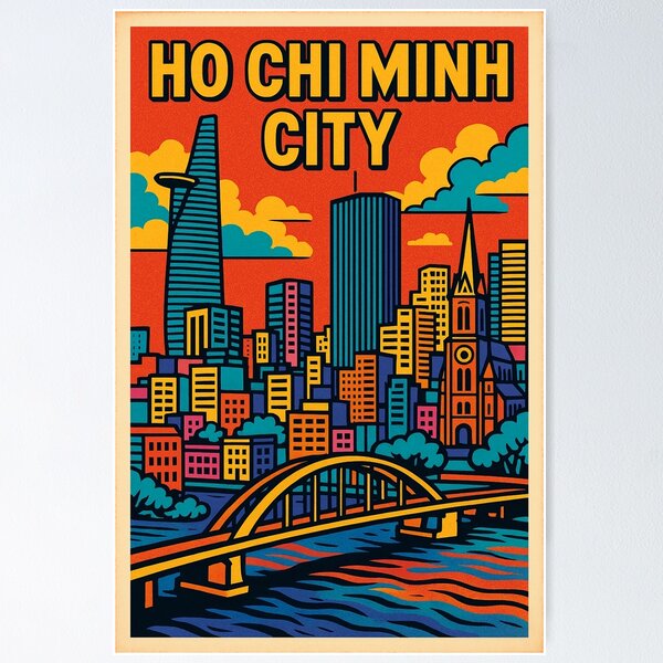 Item preview, Ho Chi Minh City Retro Pop Art Poster | Vibrant Vietnam Travel Print | Colorful Cityscape Illustration | Vintage-Inspired Saigon Artwork | Bold Urban Landmark Design designed and sold by PaintedPixels01.