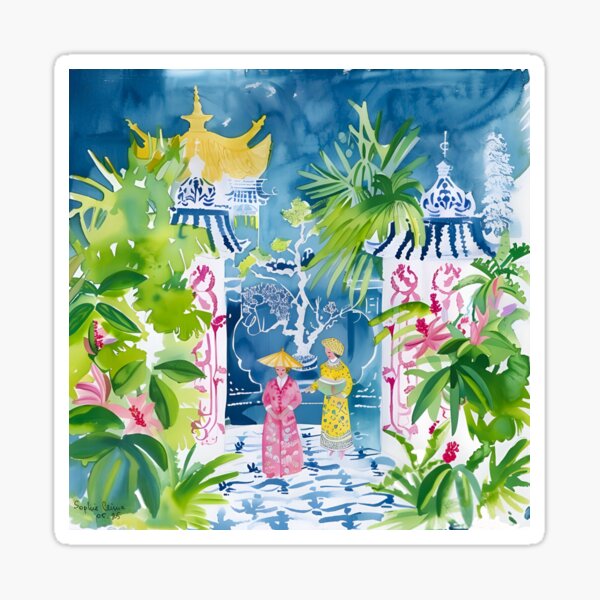 Item preview, Grandmillennial art, Chinouserie court watercolor painting designed and sold by SophieClimaArt.