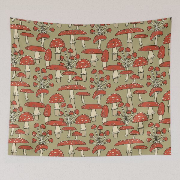 Item preview, Red Cap Mushrooms on Sage Green designed and sold by latheandquill.