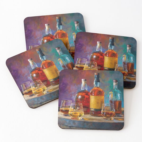 Item preview, Whiskey Bottles and Glasses on Wooden Barrel - Elegant Blend of Amber and Gold Vibrant Background designed and sold by OlfactoART Studio.